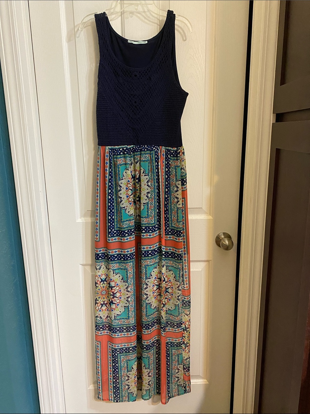 Maurices Navy Crochet Top Maxi Dress with Teal & Coral Medallion Skirt